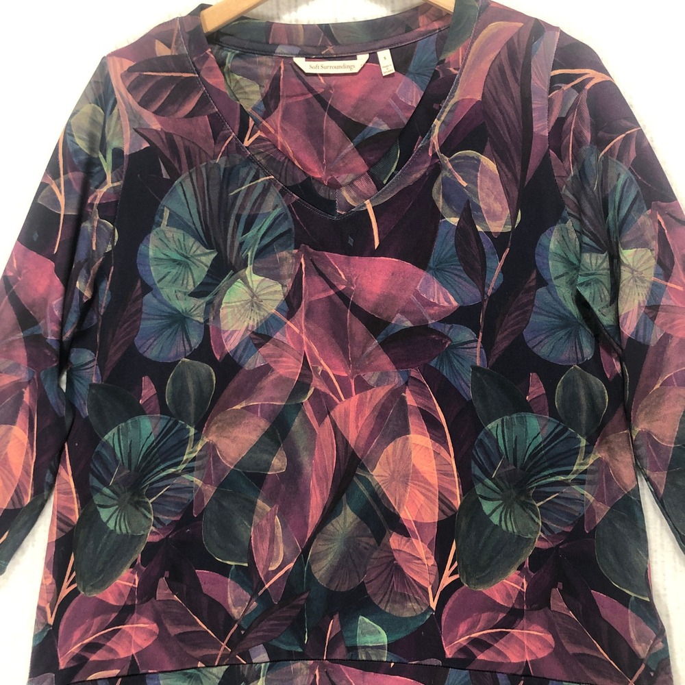 Soft Surroundings Women's Floral Print V Neck 3/4 Sleeve Tunic Top